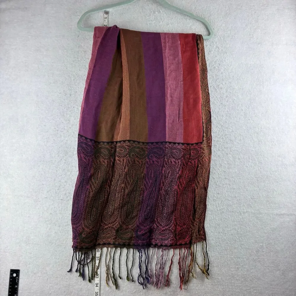 Boho Hippi Scarf Shawl Multicolor Fringe Floral Paisley Motif Stripe Renaissance